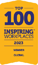 Top 100 Inspiring Workplaces 2023 Winner badge in yellow and blue